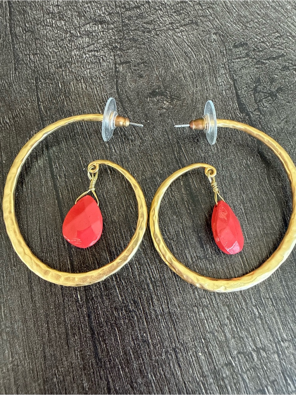 Gold Hoop Earrings with Red Teardrop Accent